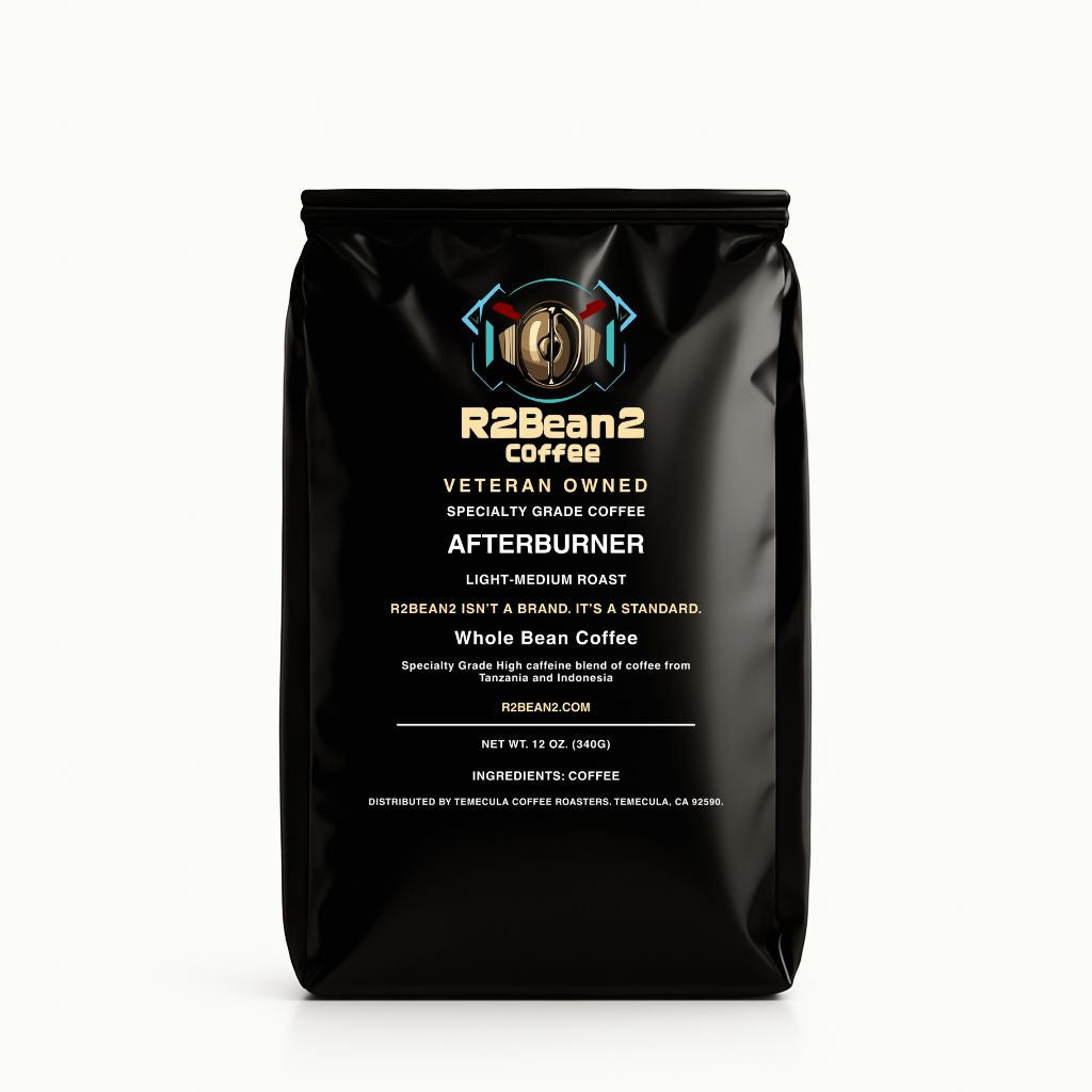 A black coffee bag labeled R2Bean2 Coffee Afterburner, shown against a plain white background.