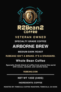 R2Bean2 Coffee Airborne Brew medium-dark roast 12oz packaging and product detail, US range