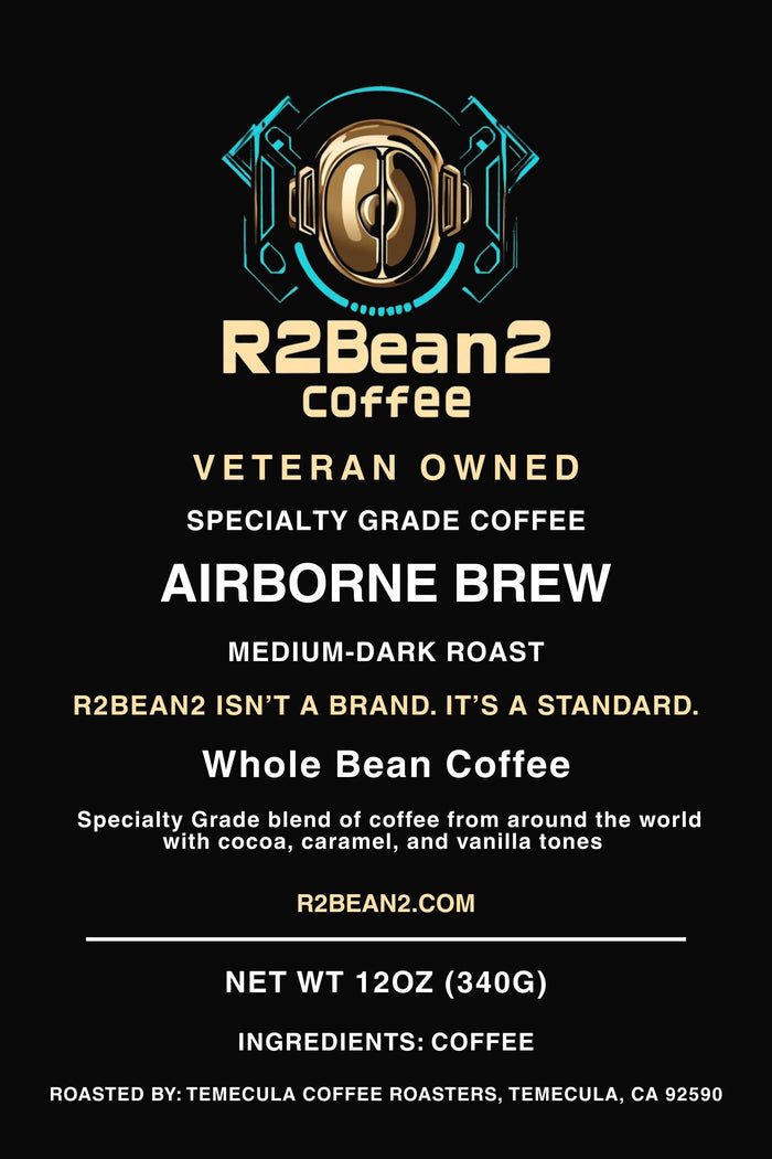 R2Bean2 Coffee Airborne Brew medium-dark roast 12oz packaging and product detail, US range