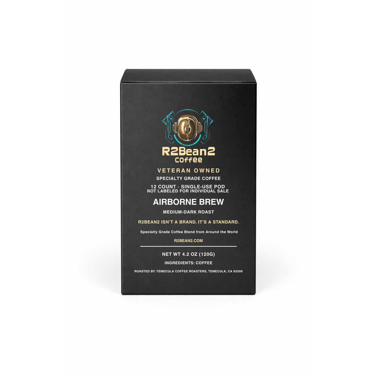R2Bean2 Coffee Airborne Brew medium-dark roast single use coffee cups, 12 pack, US range