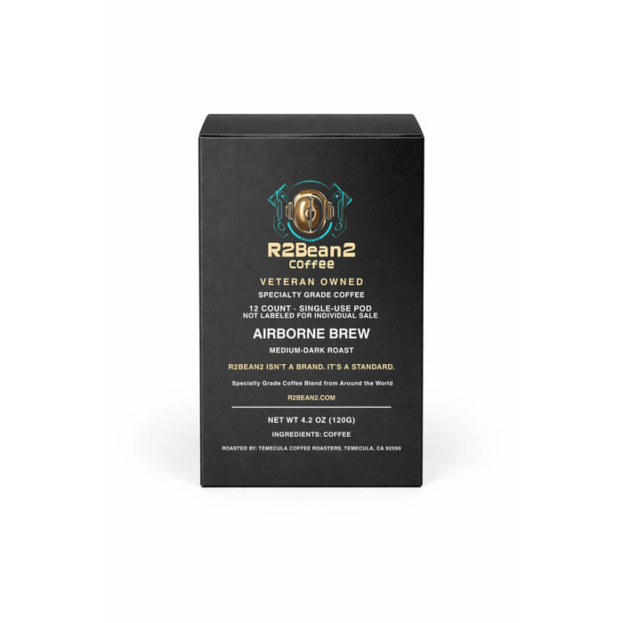 R2Bean2 Coffee Airborne Brew medium-dark roast single use coffee cups, 12 pack, US range