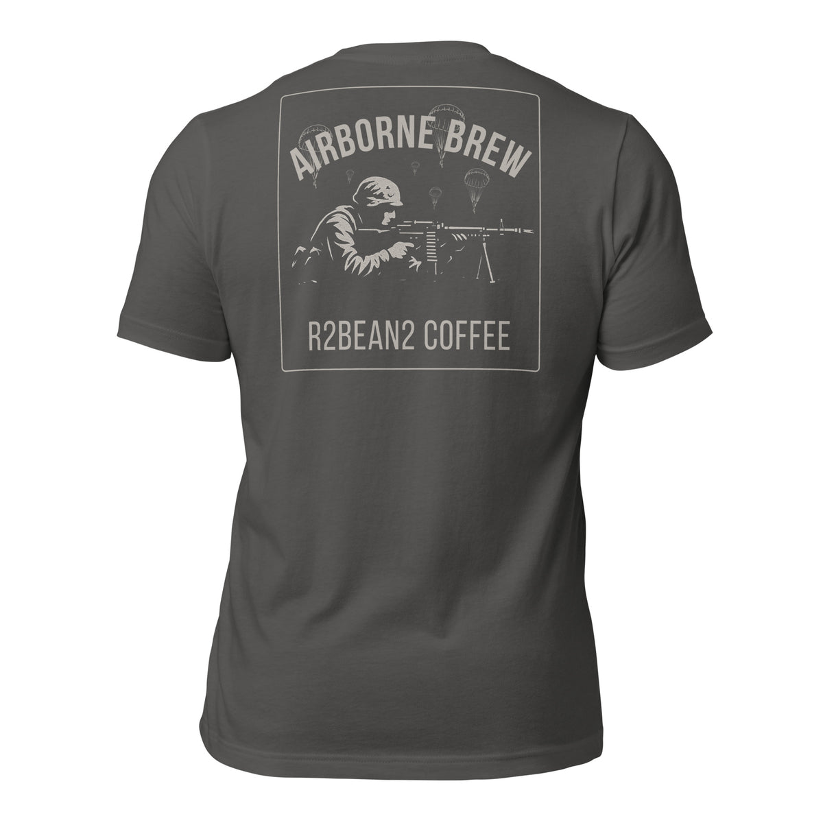 R2Bean2 Coffee Airborne Brew GPMG t-shirt, paratrooper GPMG gunner artwork with parachutes overhead