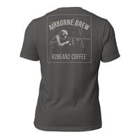 R2Bean2 Coffee Airborne Brew GPMG t-shirt, paratrooper GPMG gunner artwork with parachutes overhead