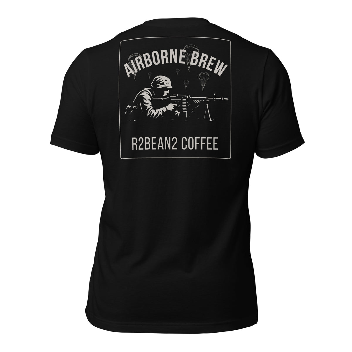 R2Bean2 Coffee Airborne Brew GPMG t-shirt, paratrooper GPMG gunner artwork with parachutes overhead