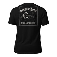 R2Bean2 Coffee Airborne Brew GPMG t-shirt, paratrooper GPMG gunner artwork with parachutes overhead