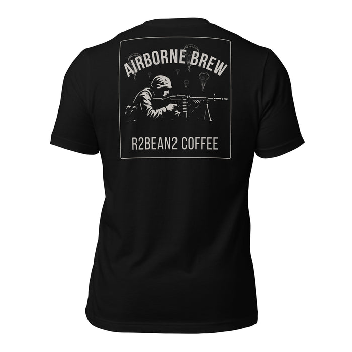 R2Bean2 Coffee Airborne Brew GPMG t-shirt, paratrooper GPMG gunner artwork with parachutes overhead