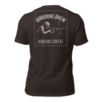 R2Bean2 Coffee Airborne Brew GPMG t-shirt, paratrooper GPMG gunner artwork with parachutes overhead