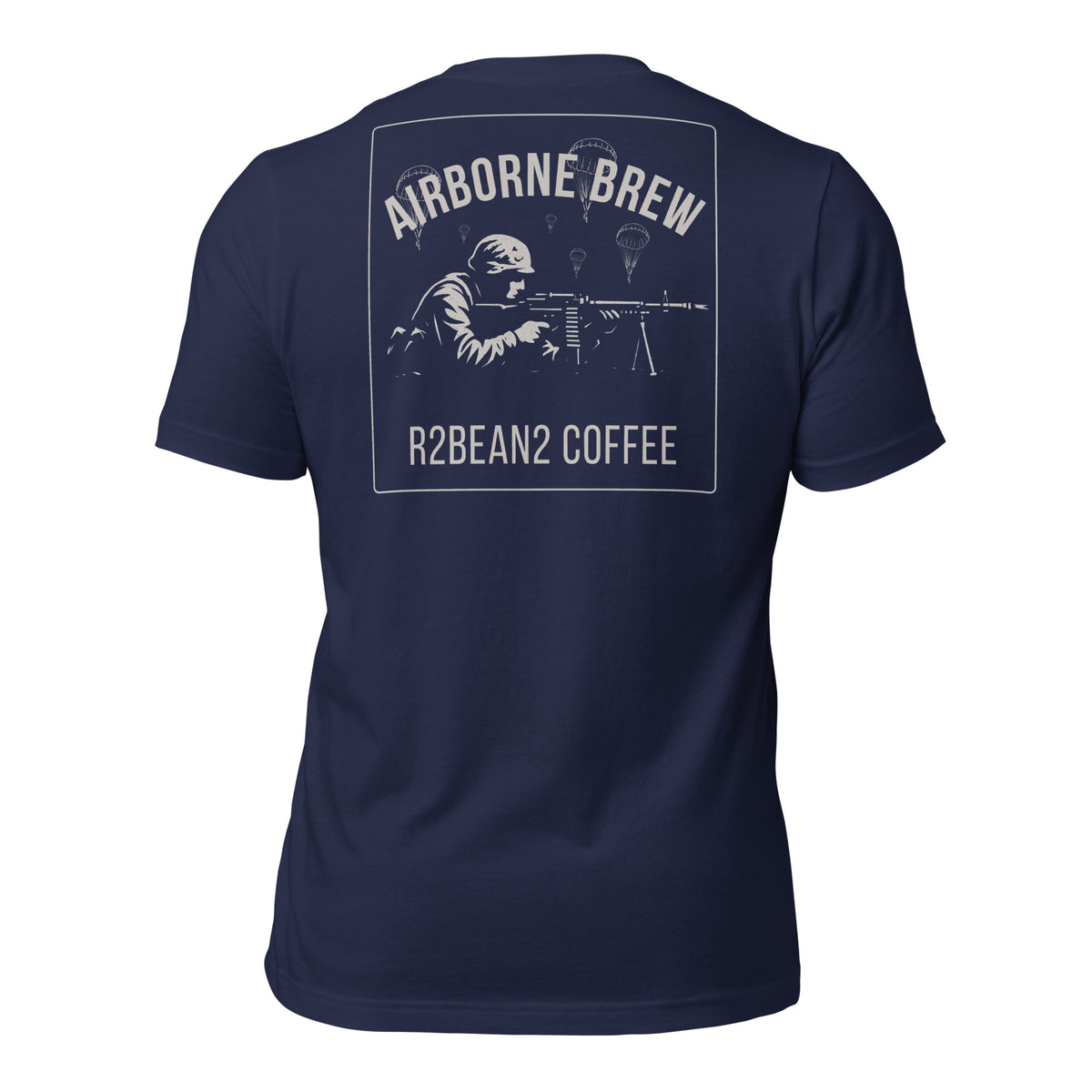 R2Bean2 Coffee Airborne Brew GPMG t-shirt in navy, paratrooper GPMG gunner artwork with parachutes overhead