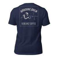 R2Bean2 Coffee Airborne Brew GPMG t-shirt in navy, paratrooper GPMG gunner artwork with parachutes overhead