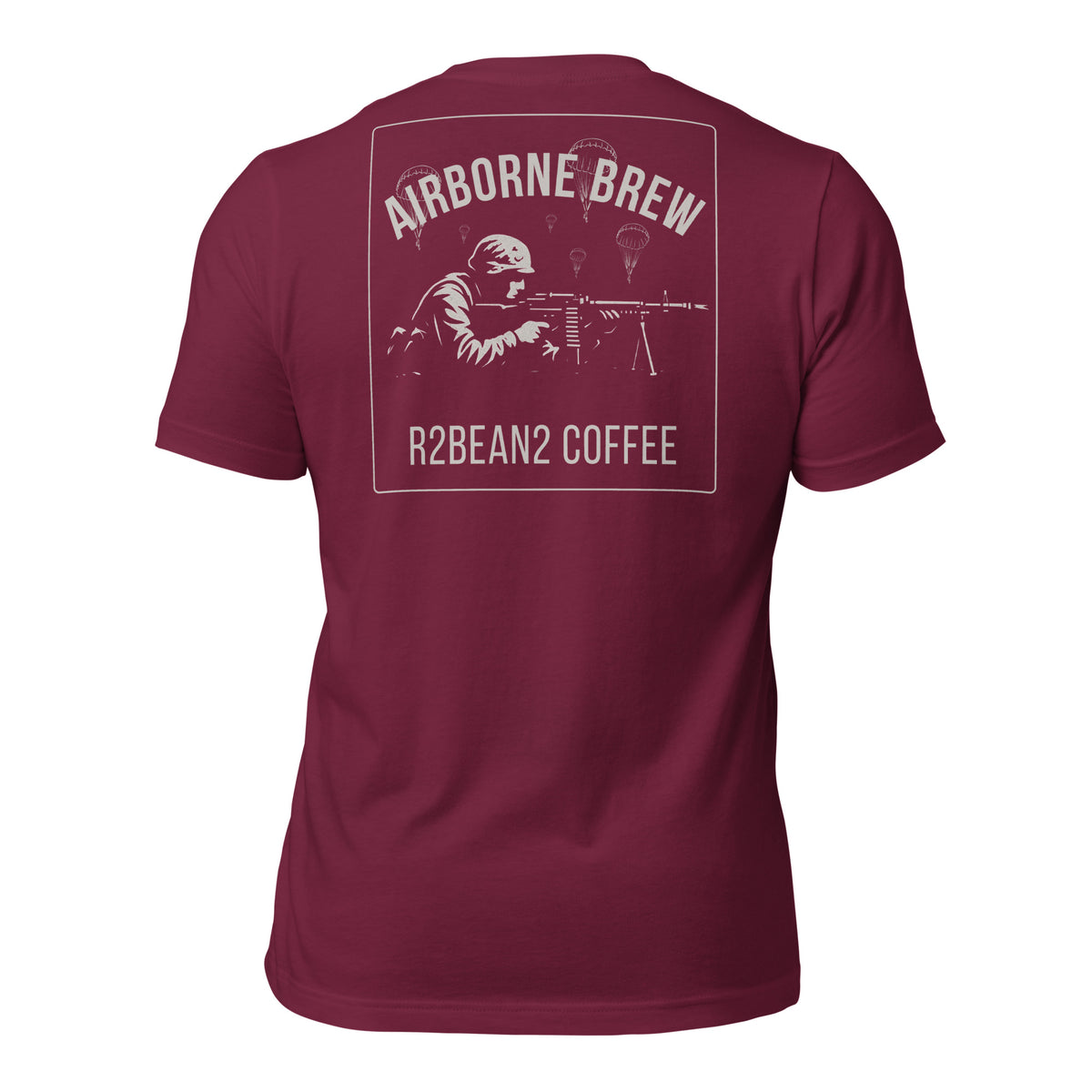 R2Bean2 Coffee Airborne Brew GPMG t-shirt, paratrooper GPMG gunner artwork with parachutes overhead