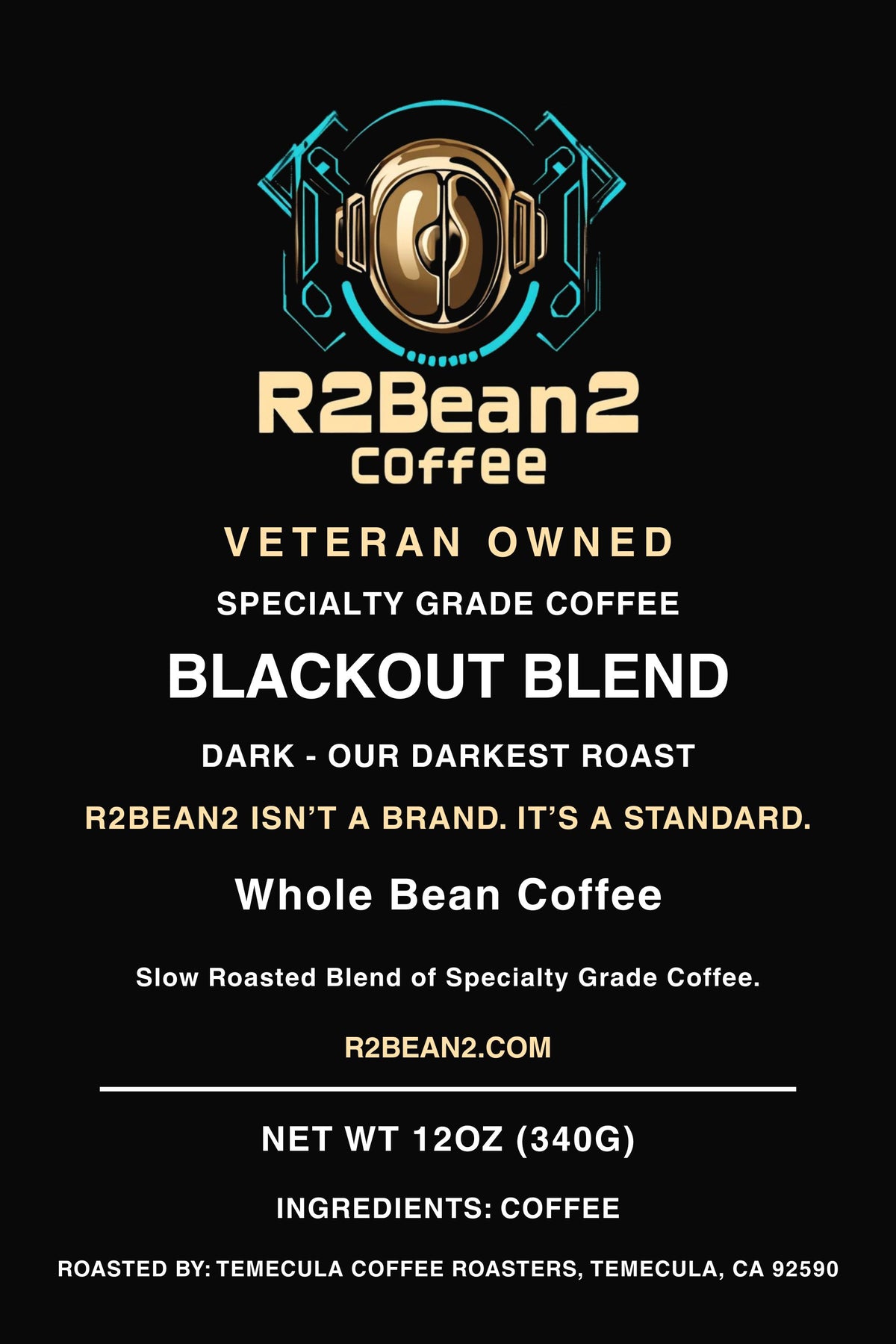 R2Bean2 Coffee Blackout Blend dark roast 12oz bag, US range