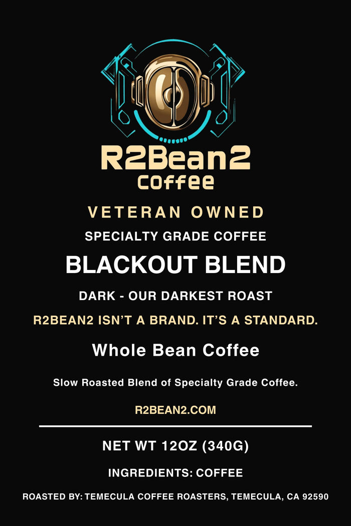 R2Bean2 Coffee Blackout Blend dark roast 12oz bag, US range