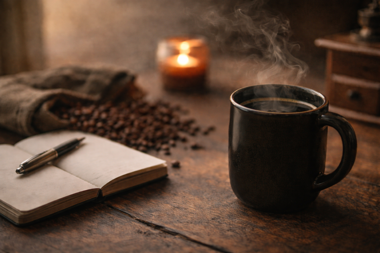 A wooden table displays a cup of freshly brewed coffee, scattered coffee beans, and an open notebook