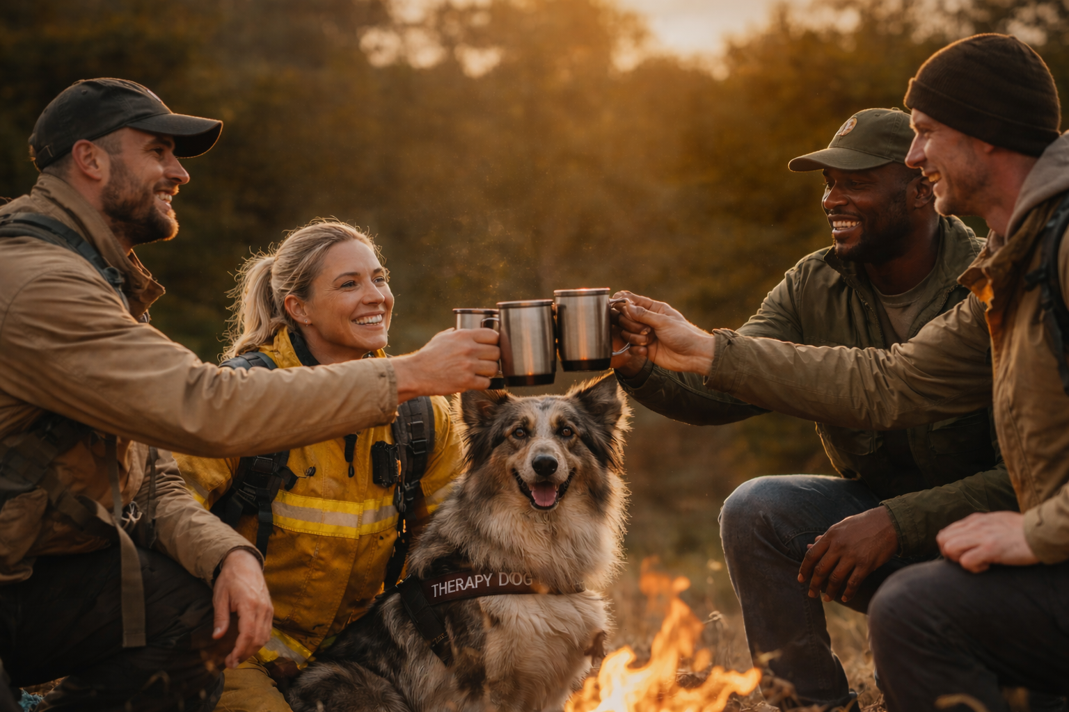 A group of friends relax outdoors with their dog, enjoying cups of freshly brewed coffee together. The warm, natural setting captures a moment of friendship, conversation, and shared time in the fresh air.