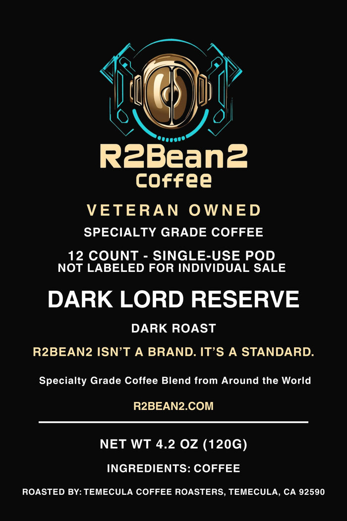R2Bean2 Coffee Dark Lord Reserve coffee cups 12 pack, caramel and dark cocoa notes