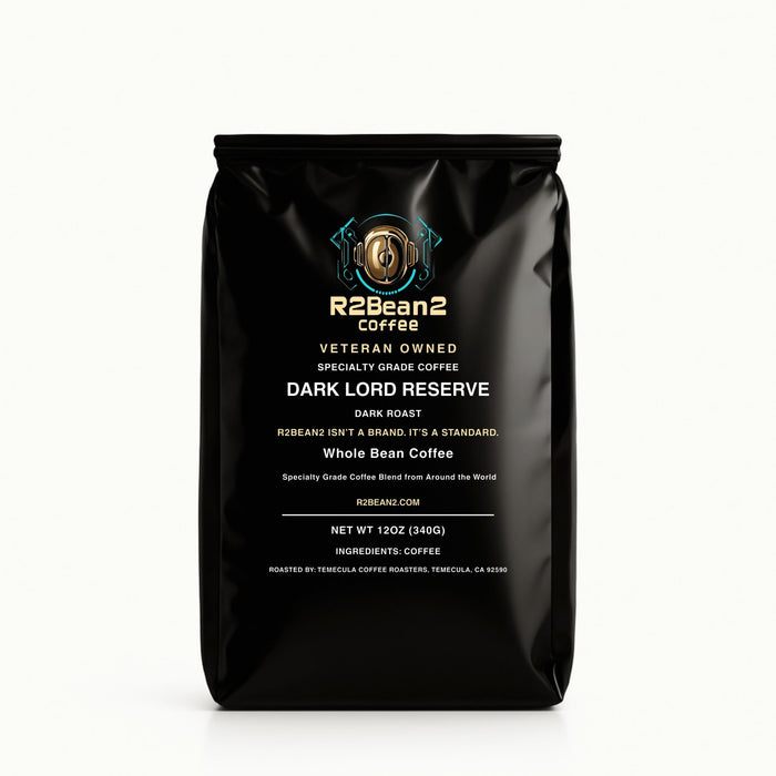 R2Bean2 Coffee Dark Lord Reserve dark roast 12oz whole bean, caramel and dark cocoa notes