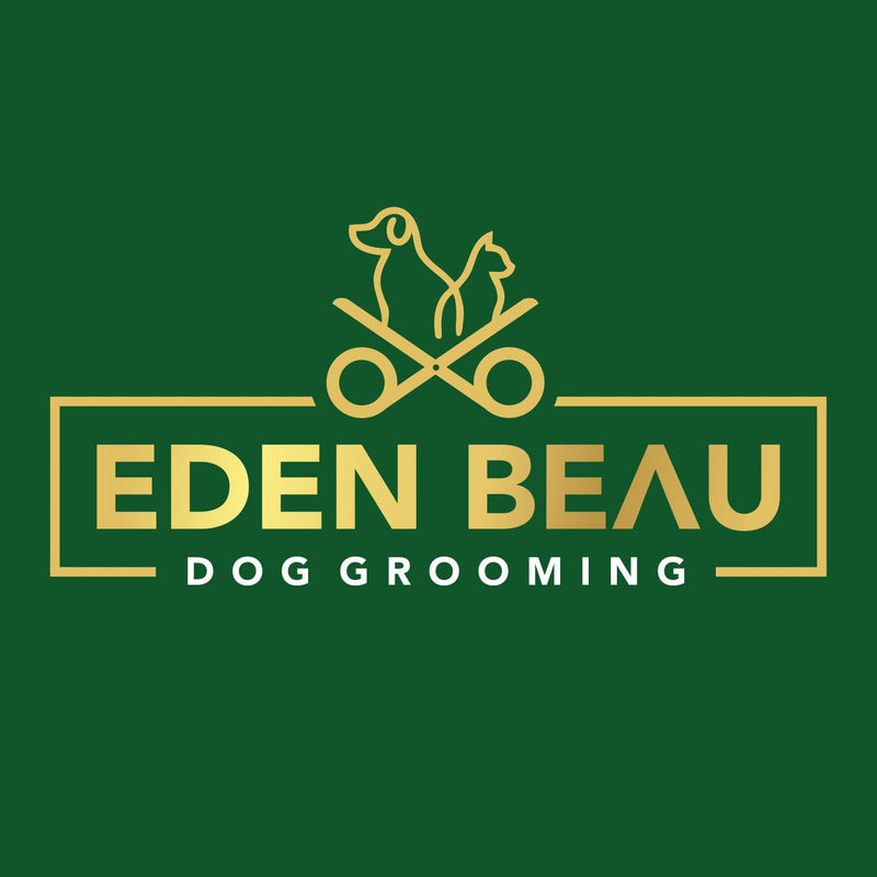 Eden Beau Dog Grooming logo with a green background
