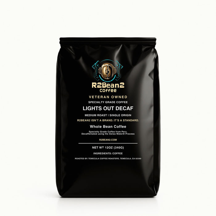 R2Bean2 Coffee Lights Out Decaf medium roast 12oz, Swiss Water processed Peru decaf