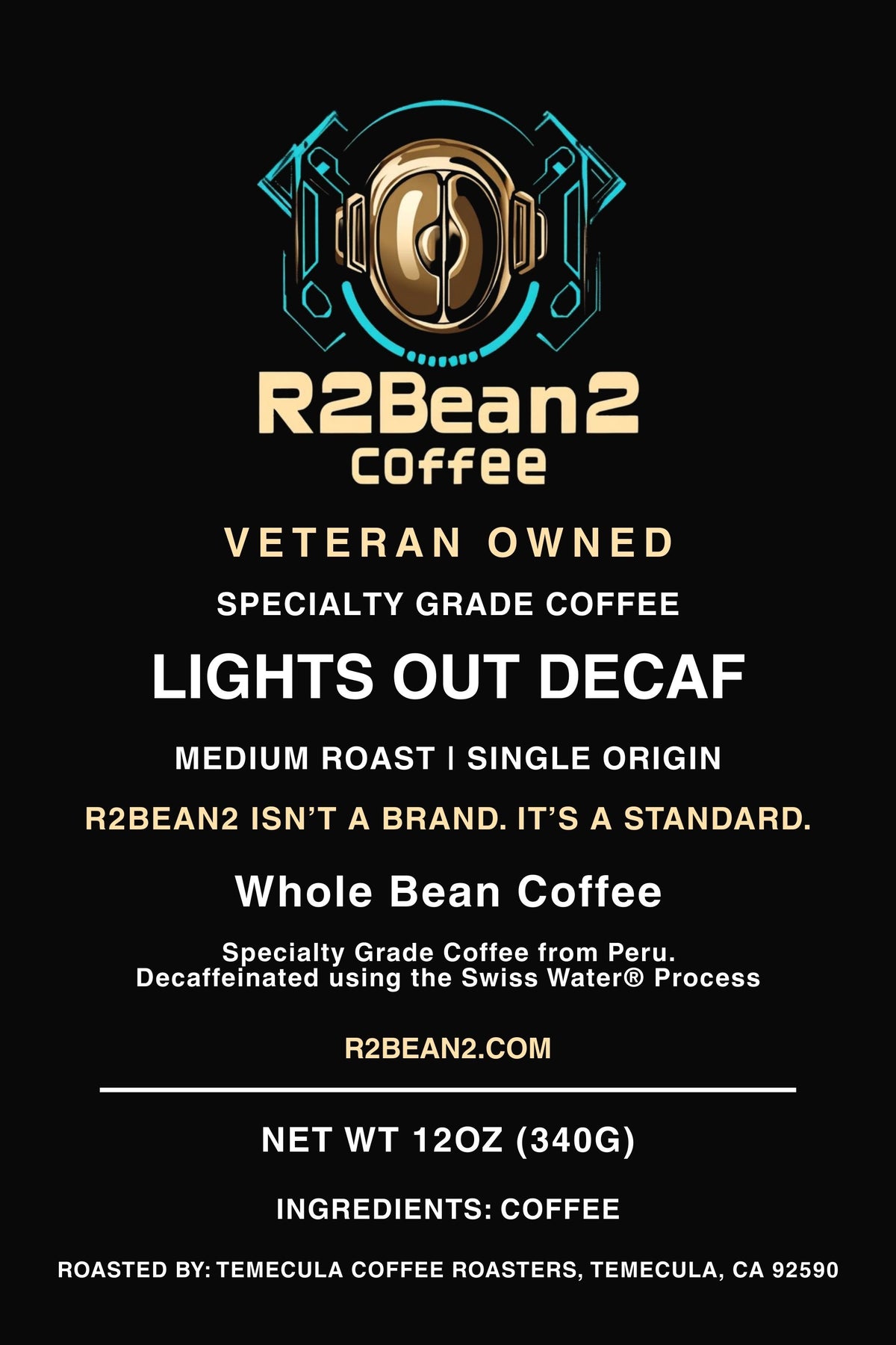 R2Bean2 Coffee Lights Out Decaf medium roast 12oz decaf bag, nutty and caramel notes