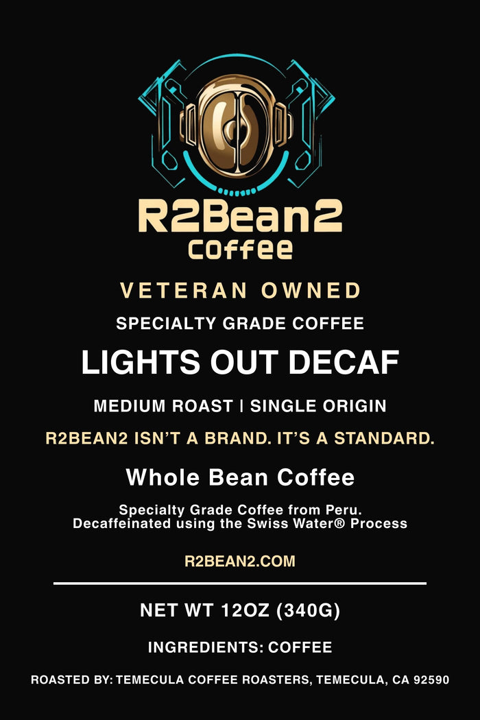 R2Bean2 Coffee Lights Out Decaf medium roast 12oz decaf bag, nutty and caramel notes