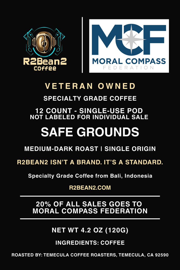 R2Bean2 Coffee Safe Grounds coffee cups 12 pack packaging, Moral Compass branding