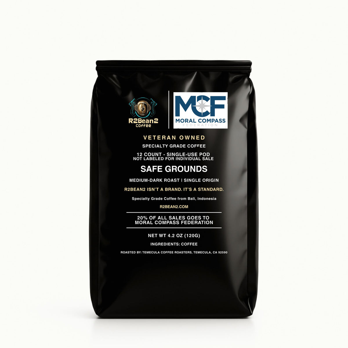 R2Bean2 Coffee Safe Grounds medium-dark roast 12oz whole bean, 20 percent supports The Moral Compass Foundation