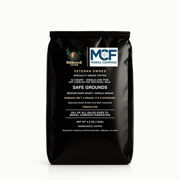 R2Bean2 Coffee Safe Grounds medium-dark roast 12oz whole bean, 20 percent supports The Moral Compass Foundation