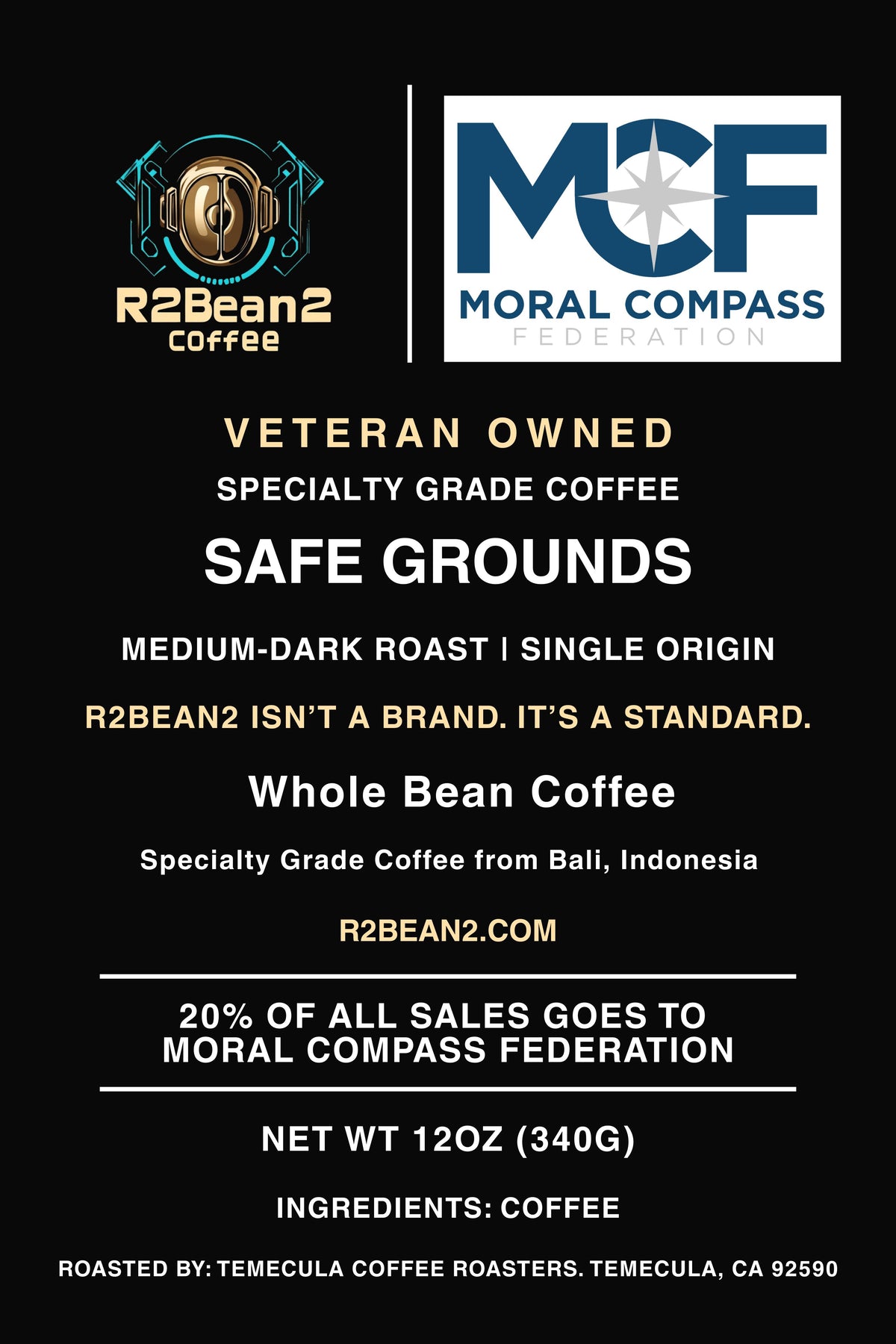 R2Bean2 Coffee Safe Grounds medium-dark roast 12oz bag supporting US veteran causes