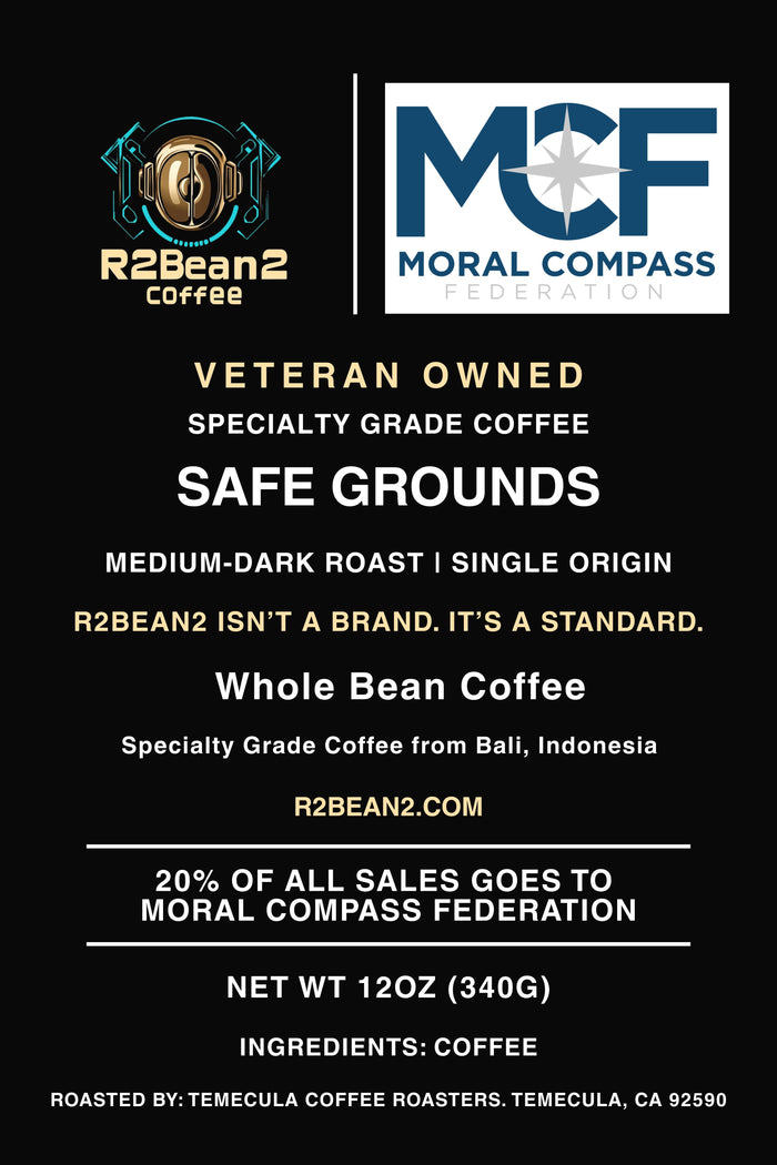 R2Bean2 Coffee Safe Grounds medium-dark roast 12oz bag supporting US veteran causes