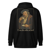 R2Bean2 Coffee T'was the Coffee m'lord zip hoodie, back print with renaissance style coffee artwork