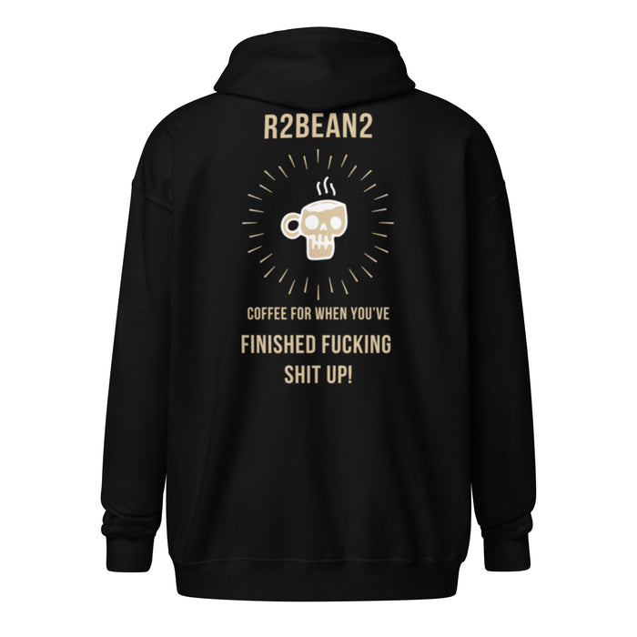 R2Bean2 Coffee Aftermath zip hoodie, design marking the moment the job is done and the dust settles