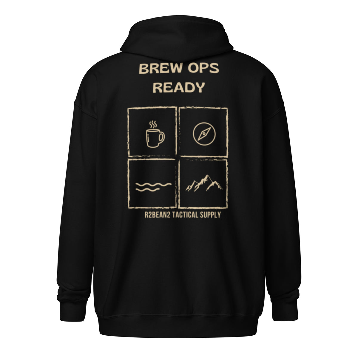 R2Bean2 Coffee Brew Ops Ready zip hoodie, veteran owned UK speciality coffee brand apparel