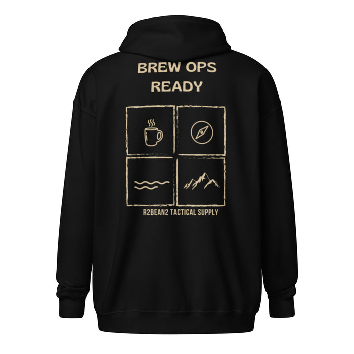 R2Bean2 Coffee Brew Ops Ready zip hoodie, veteran owned UK speciality coffee brand apparel