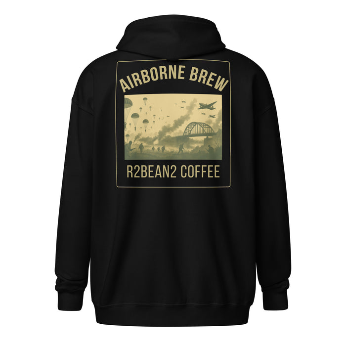 R2Bean2 Coffee Airborne Brew Arnhem zip hoodie, vintage WWII airborne artwork, veteran owned UK coffee brand
