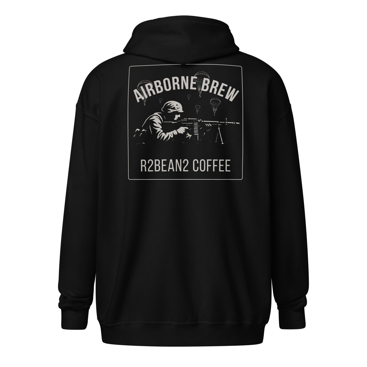 R2Bean2 Coffee Airborne Brew GPMG zip hoodie, paratrooper GPMG gunner artwork with parachutes overhead