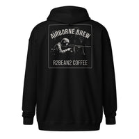 R2Bean2 Coffee Airborne Brew GPMG zip hoodie, paratrooper GPMG gunner artwork with parachutes overhead