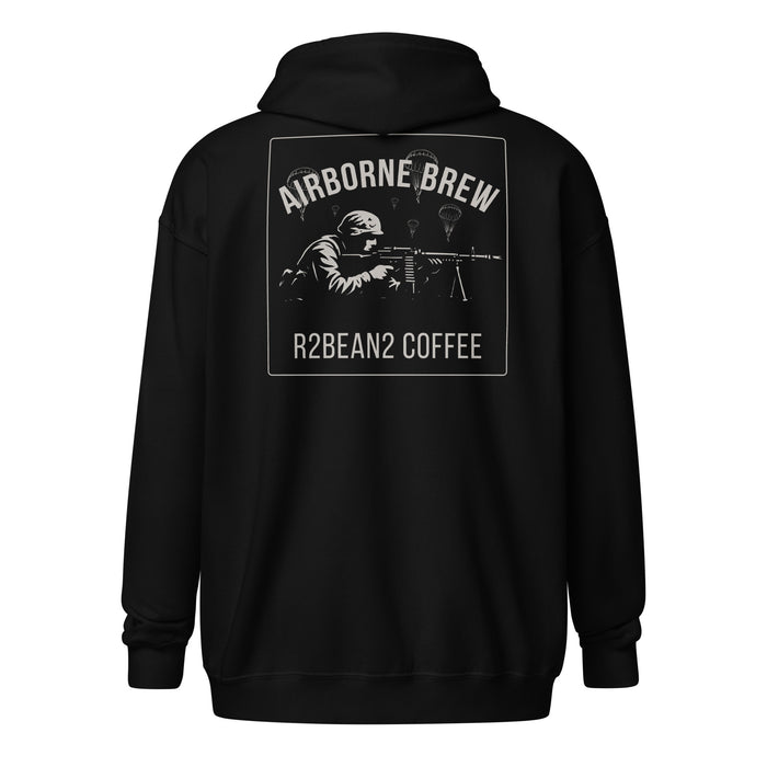 R2Bean2 Coffee Airborne Brew GPMG zip hoodie, paratrooper GPMG gunner artwork with parachutes overhead
