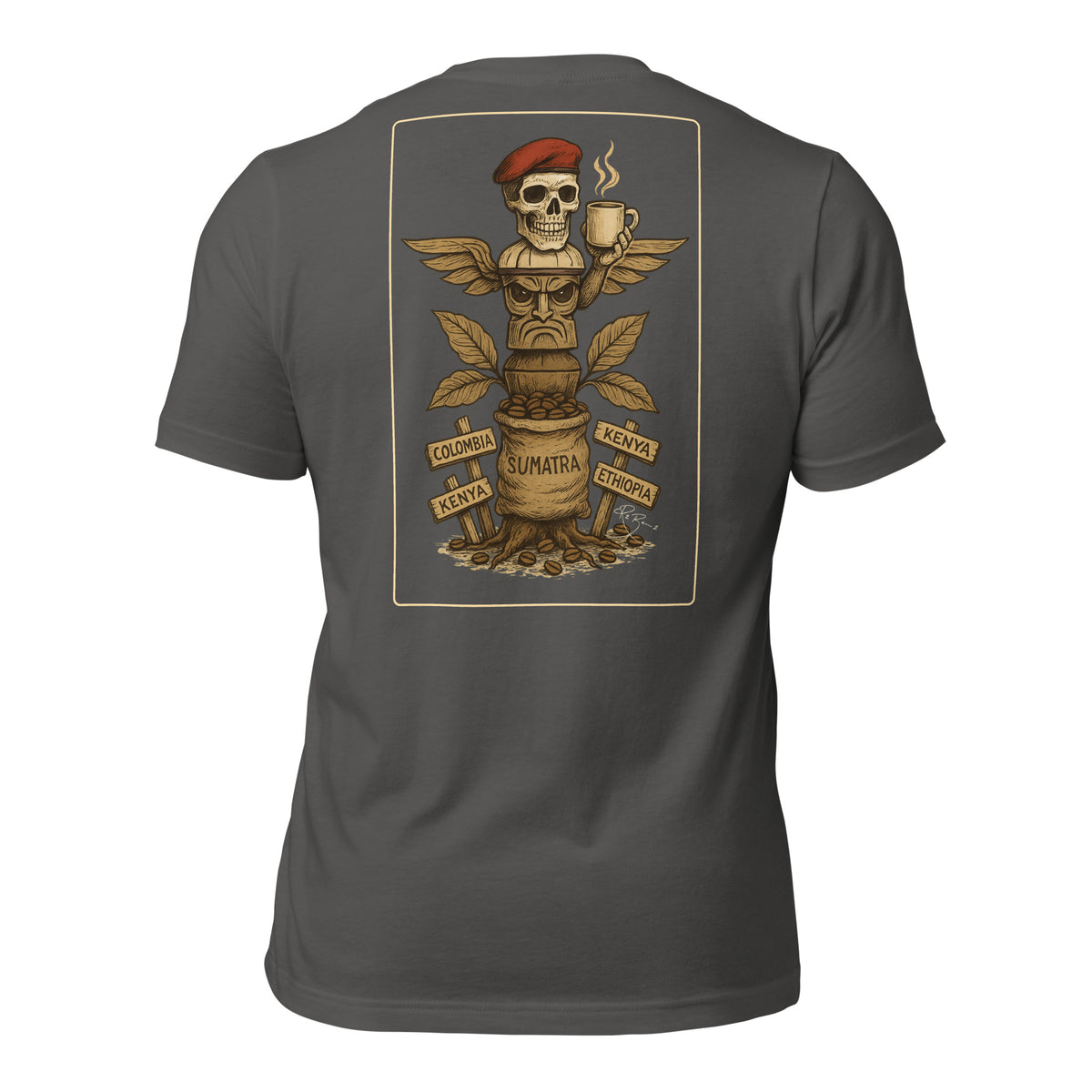 R2Bean2 Coffee Totem of Origins t-shirt, design referencing coffee growing regions and routes