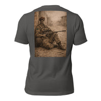 R2Bean2 Coffee The Sniper 3rd Battalion t-shirt, sepia sniper artwork, veteran owned UK coffee brand