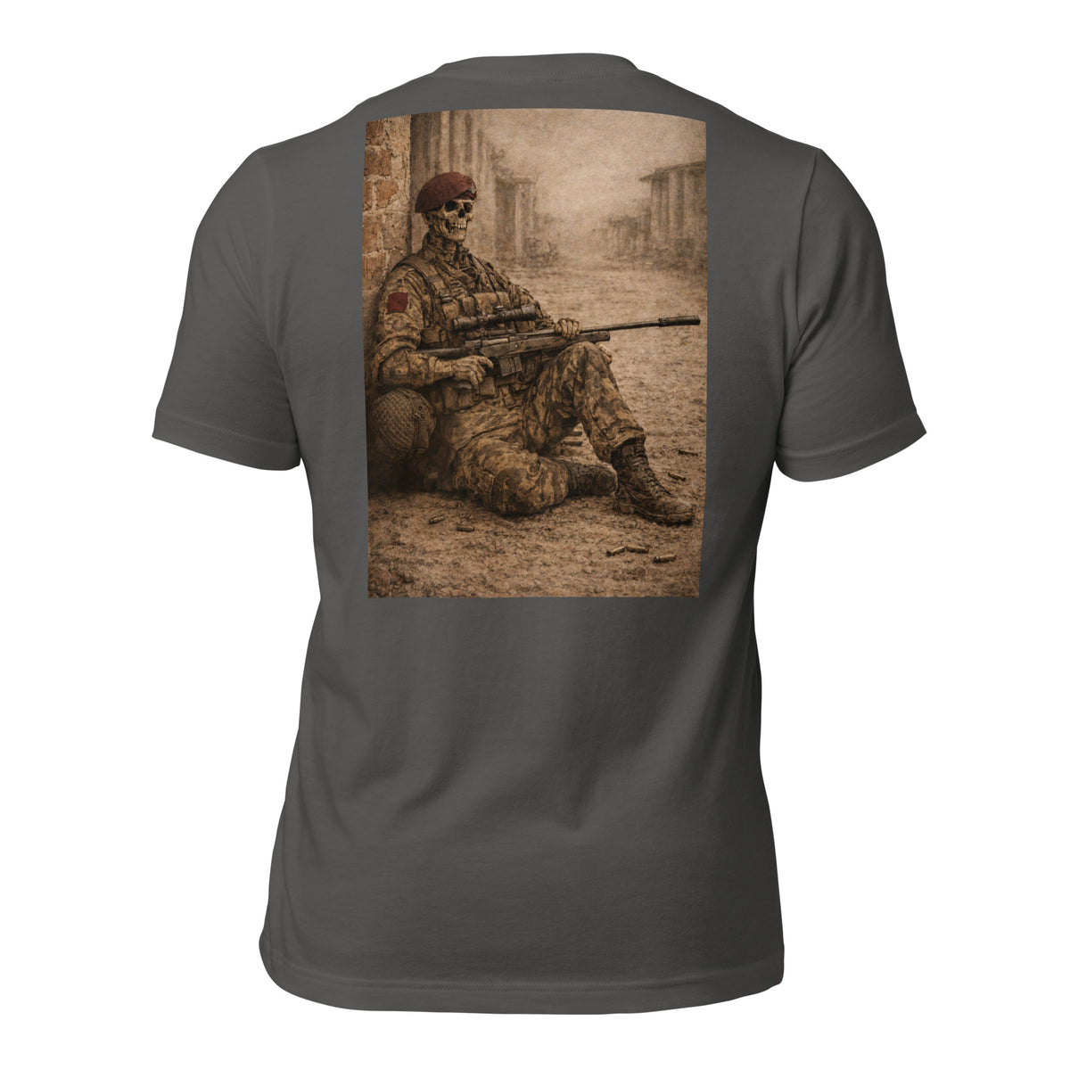 R2Bean2 Coffee The Sniper 1st Battalion t-shirt, sepia sniper artwork, veteran owned UK coffee brand