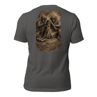 R2Bean2 Coffee Fire for Effect t-shirt, artwork of two operators on a mortar