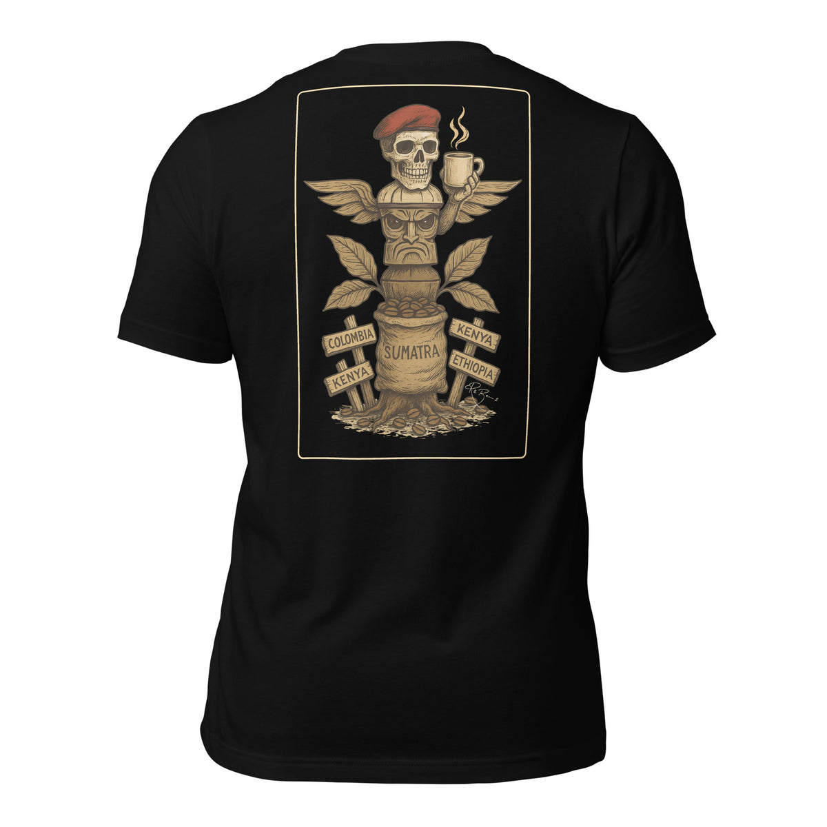 R2Bean2 Coffee Totem of Origins t-shirt, design referencing coffee growing regions and routes