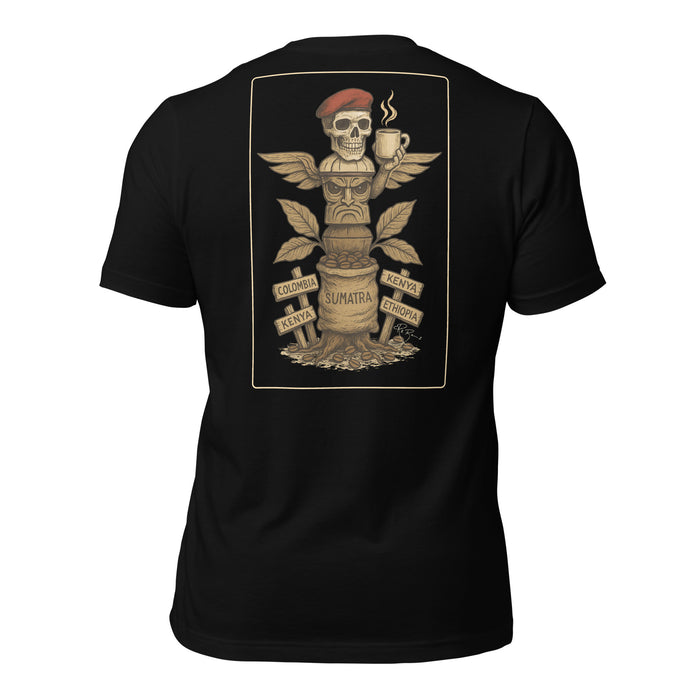 R2Bean2 Coffee Totem of Origins t-shirt, design referencing coffee growing regions and routes
