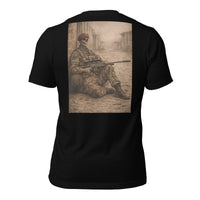 R2Bean2 Coffee The Sniper 3rd Battalion t-shirt, sepia sniper artwork, veteran owned UK coffee brand