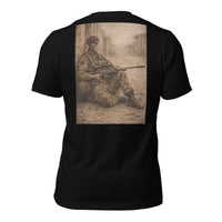 R2Bean2 Coffee The Sniper 1st Battalion t-shirt, sepia sniper artwork, veteran owned UK coffee brand