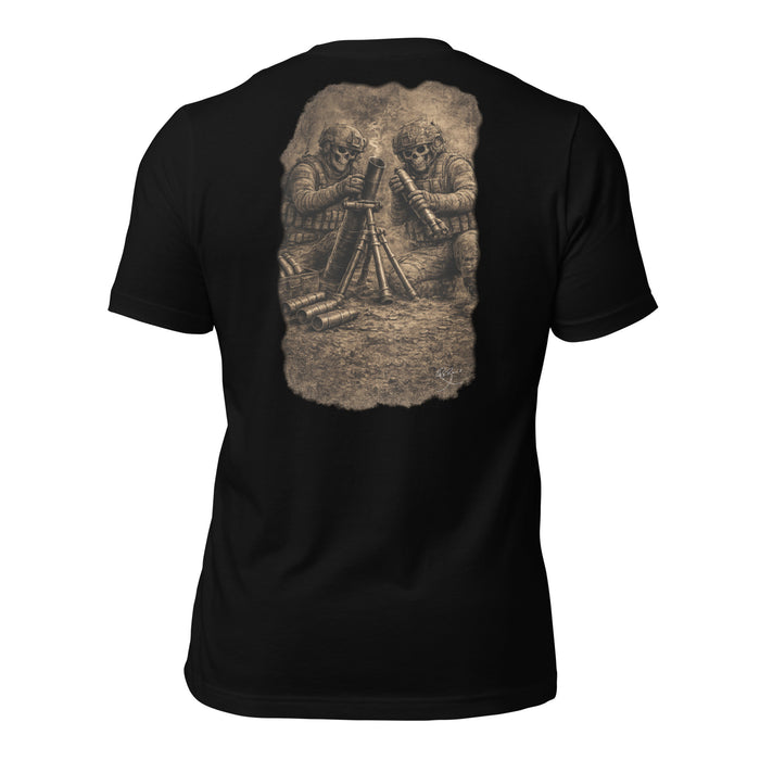 R2Bean2 Coffee Fire for Effect t-shirt, artwork of two operators on a mortar