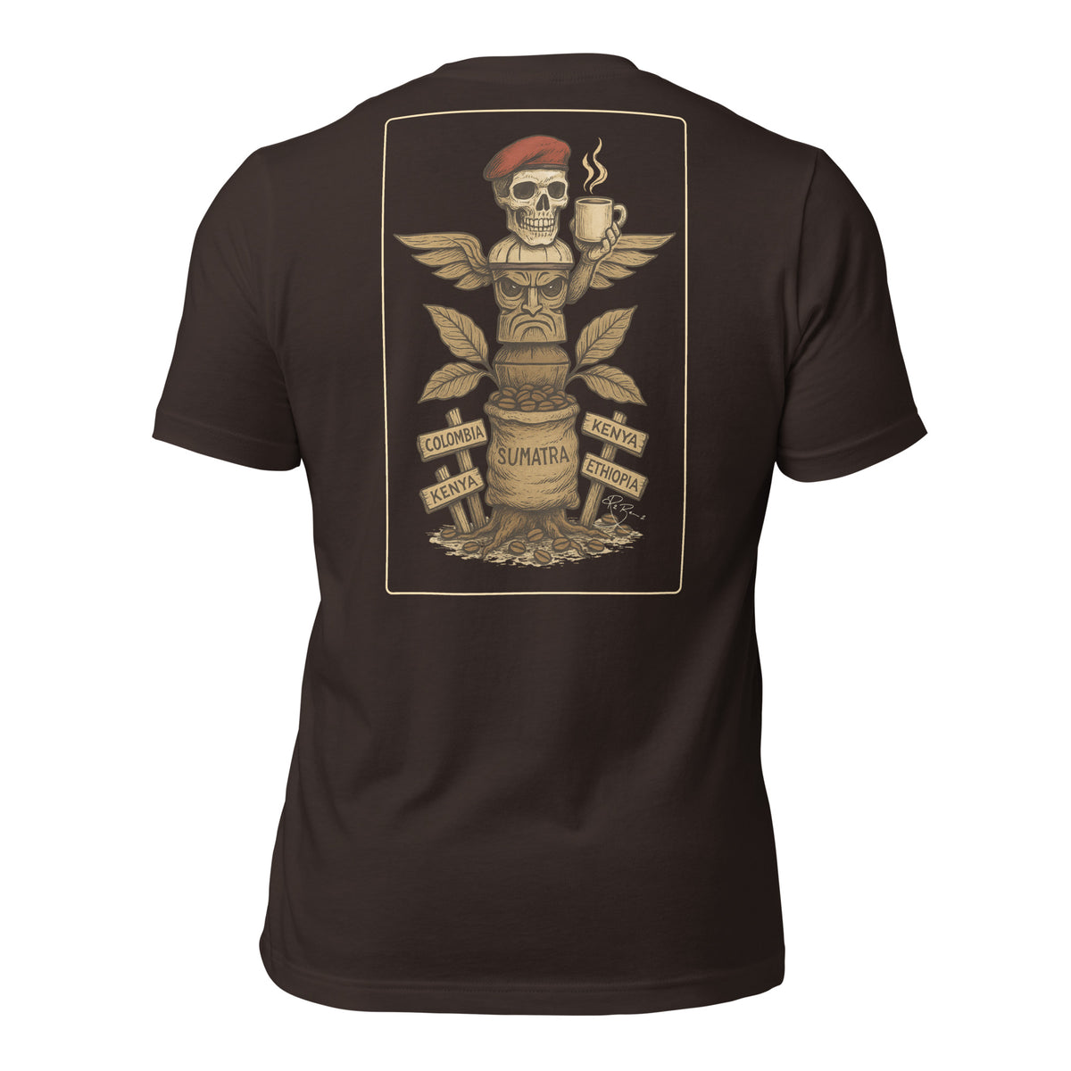 R2Bean2 Coffee Totem of Origins t-shirt, design referencing coffee growing regions and routes