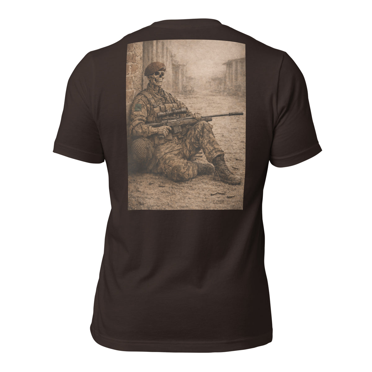 R2Bean2 Coffee The Sniper 3rd Battalion t-shirt, sepia sniper artwork, veteran owned UK coffee brand