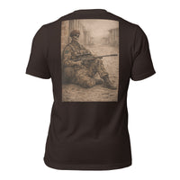 R2Bean2 Coffee The Sniper 3rd Battalion t-shirt, sepia sniper artwork, veteran owned UK coffee brand