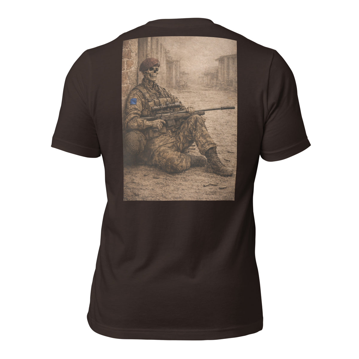 R2Bean2 Coffee The Sniper 2nd Battalion t-shirt, sepia sniper artwork, veteran owned UK coffee brand